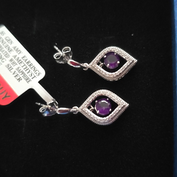 STERLING SILVER GENUINE AMETHYST EARRINGS LAB CREATED WHITE SAPPHIRE - Picture 1 of 7